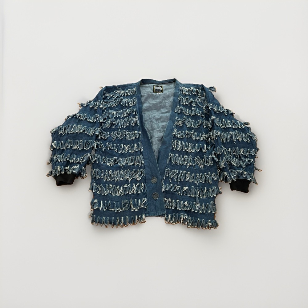 Paula Sweet Muslin Mink VTG Fringe Denim Blue 100% Cotton S Oversized Cardigan